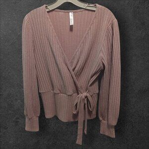 Perseption concept Ribbed faux Wrap  Top color tan XLarge